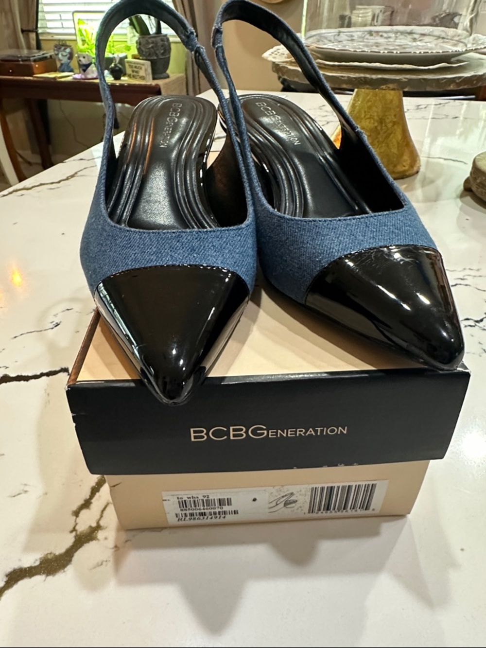 BCBGeneration Blue Denim and Black Patent Pointed Slingback Pumps